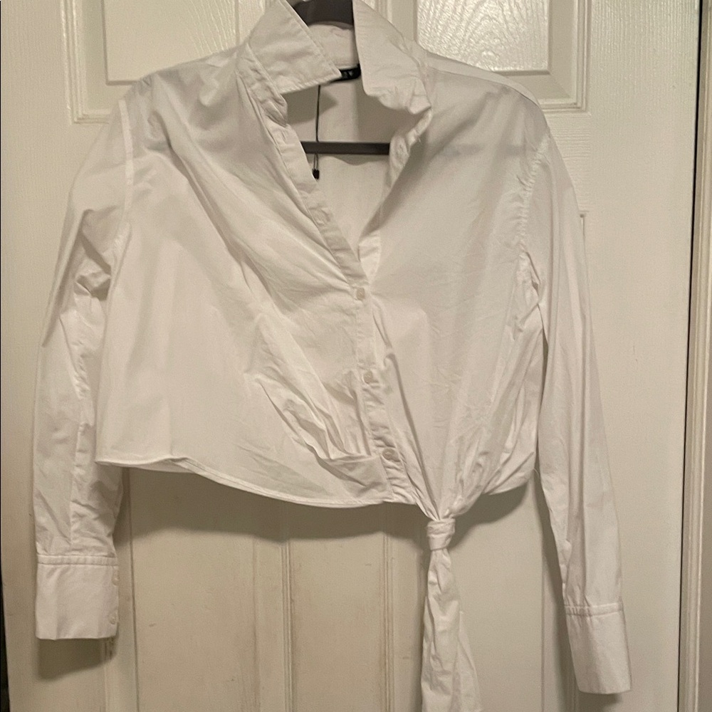 ZARA White Button Down Shirt with Tie Detail